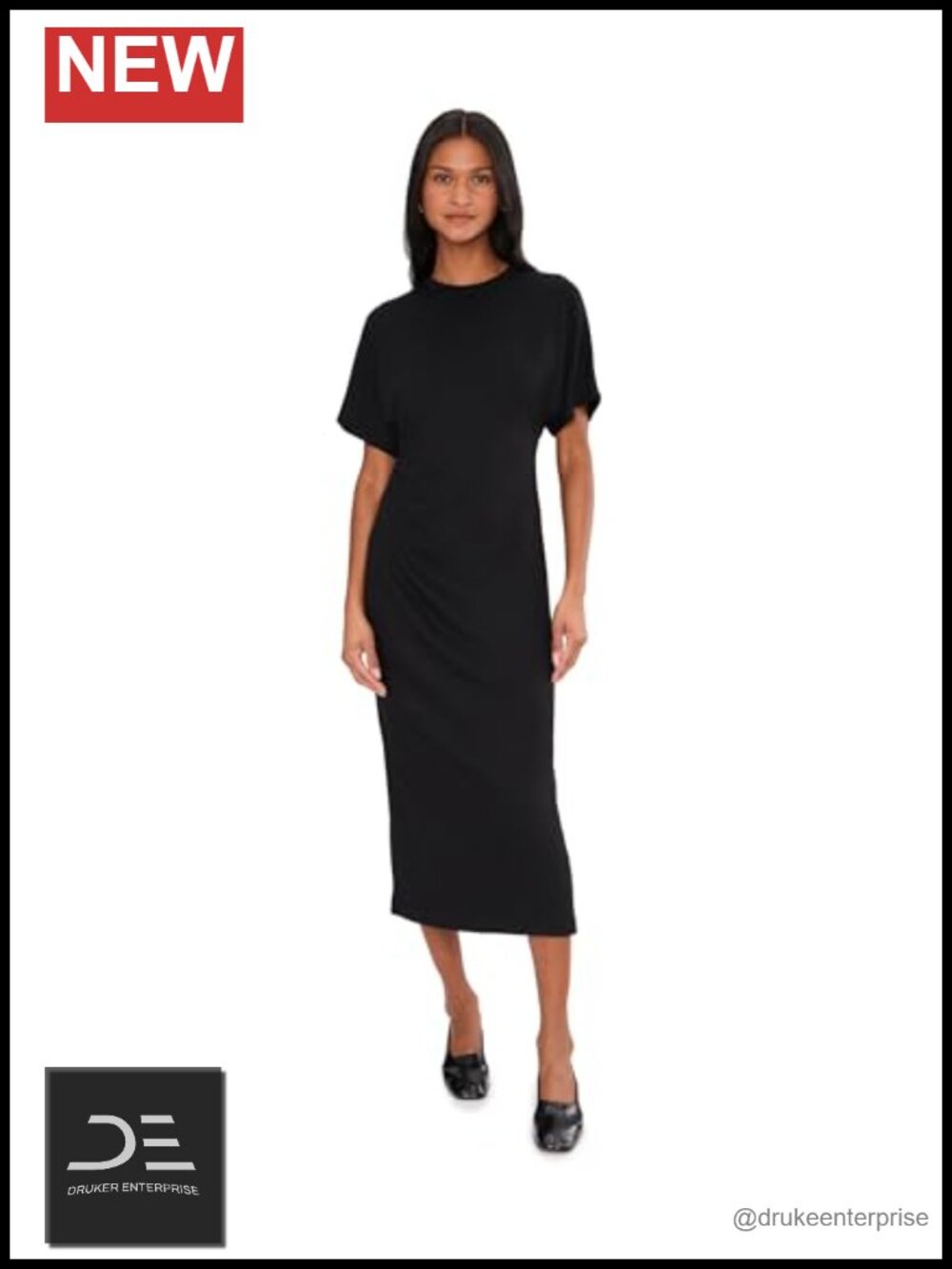 Short Sleeve Side Rouche Dress Fit & Flare Midi Crew Neck
